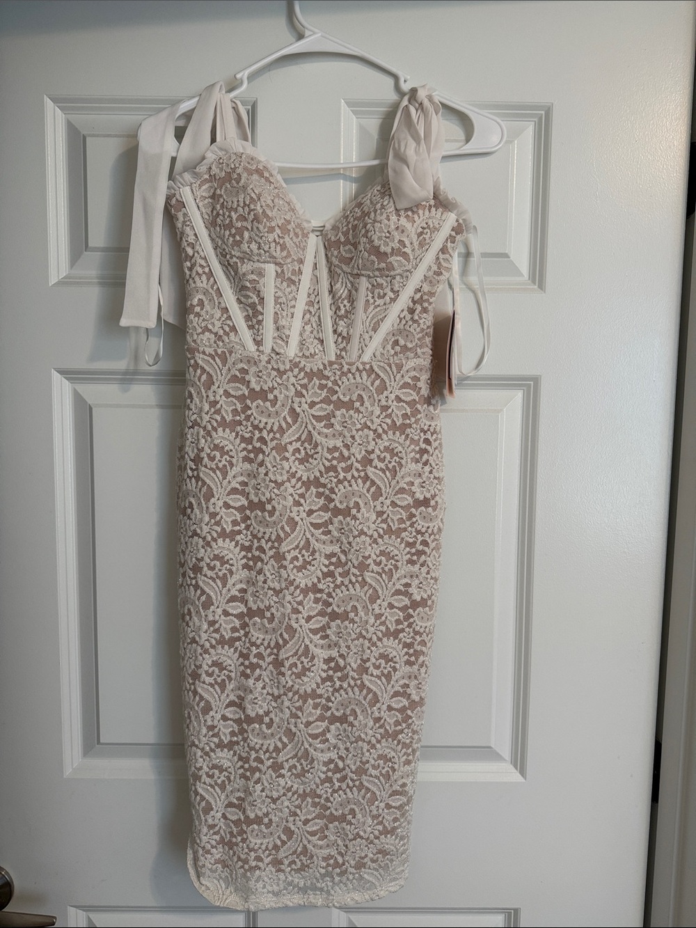 City Studios Blush & White Lace Tie-Shoulder Midi Dress